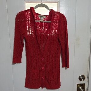 Kikit Knitwear Women's Red Crocheted Hooded Cardigan Buttons Pockets Sz S GUC